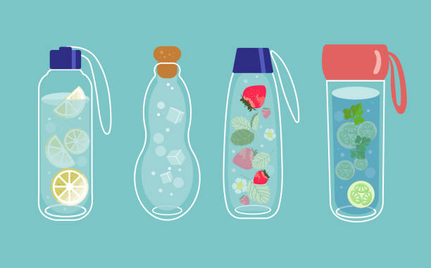 Infused water in glass bottles Infused water in glass bottles. Fruits and vegetables in a water. Detox and refreshment drink concept. Trendy vector isolated elements on a blue background. Modern illustration for web and print. infused water stock illustrations