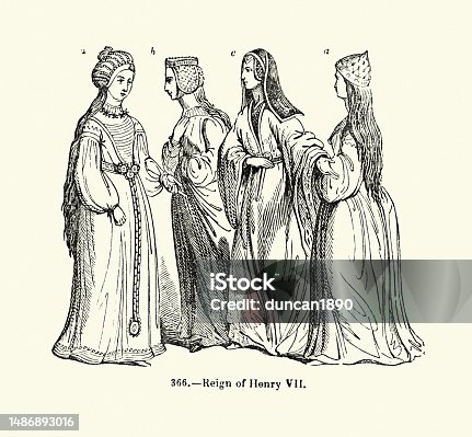 istock History of fashion, Womens costumes from the reign of Henry VII of England 15th Century 1486893016