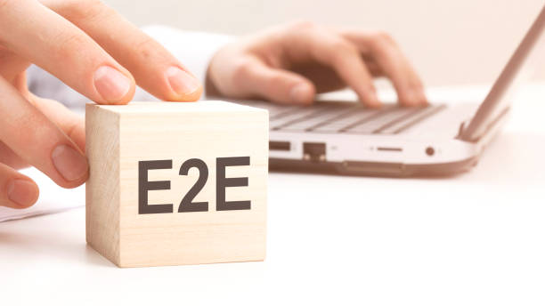 istock E2E text wooden block on white table background. Idea, strategy, advertising, marketing, keyword and content concept 1486893271