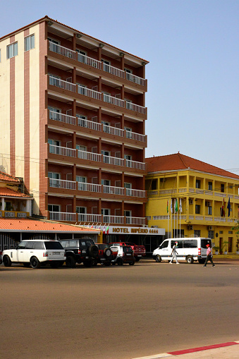 Bissau, Guinea-Bissau: Imperio Hotel and the Embassy of Spain on Heroes Square - the hotel's name invokes the original name of the square 'Praça do Império', i.e. Empire Square.
