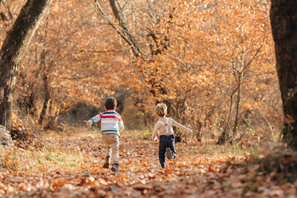 Rear view of large group of kids having fun while jumping with raised arms in autumn day at the park.