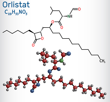 Orlistat molecule. It is lipase inhibitor used in the treatment of obesity. Structural chemical formula and molecule model. Vector illustration