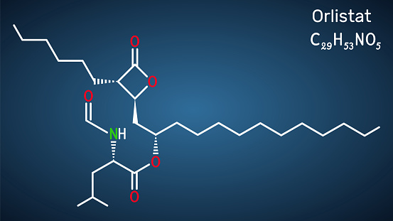 Orlistat molecule. It is lipase inhibitor used in the treatment of obesity. Structural chemical formula on the dark blue background. Vector illustration