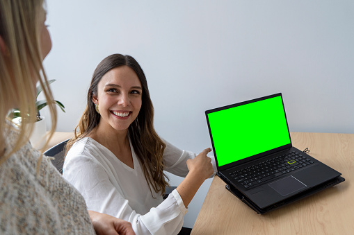 Portrait of a happy business woman sitting at her desk using her laptop. Business women working as a team in the office.
