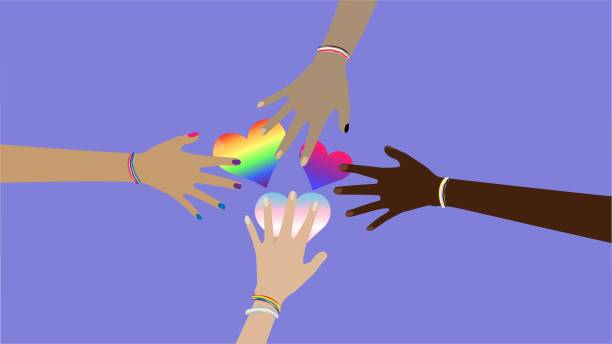 2D vector illustration of diverse people joining hands with LGBT hearts 2D vector illustration top view of crop anonymous multiracial people joining hands in circle with gay transgender and bisexual hearts on blue background anonymous activist network stock illustrations
