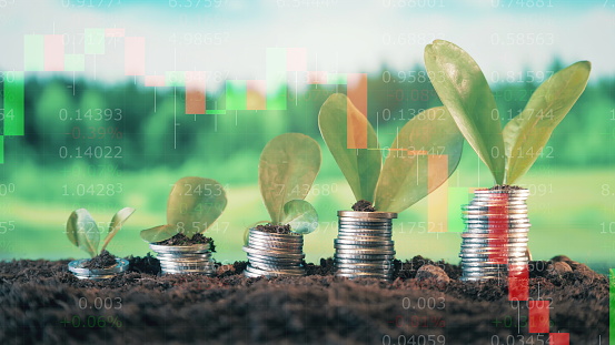 Coins with plants and live stock charts on a multilayered screen. 4K