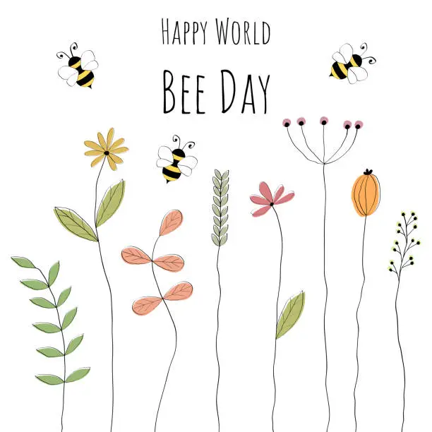 Vector illustration of Happy World Bee Day. A day to support biodiversity and protect bees. Poster with lovely drawn bees and flowers.