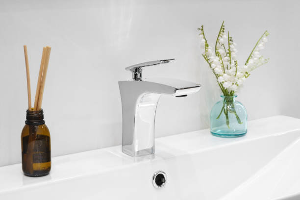istock Washbasin with faucet  in minimalist modern bathroom, bathroom interior 1486905800