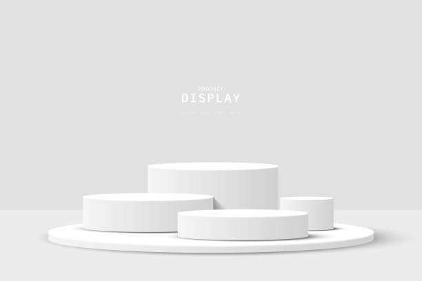 istock Abstract white 3D room with set of realistic grey white cylinder pedestal podium. Minimal scene for product display presentation. Geometric forms design. Round stage for showcase. 1486908353