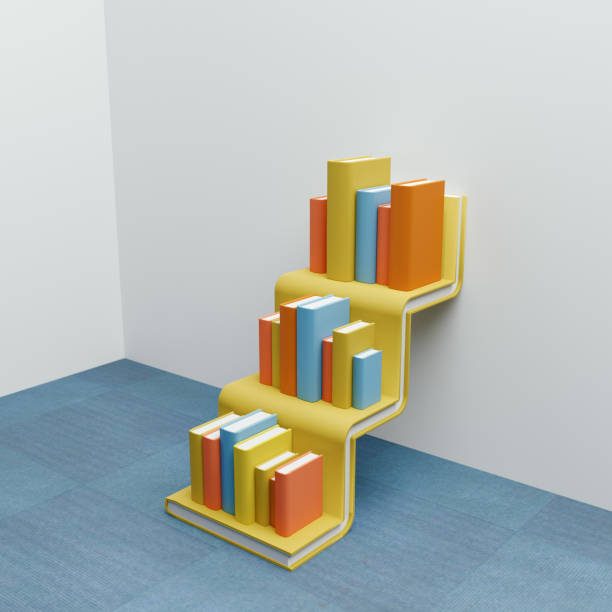 Books on weird book shelves. CGI