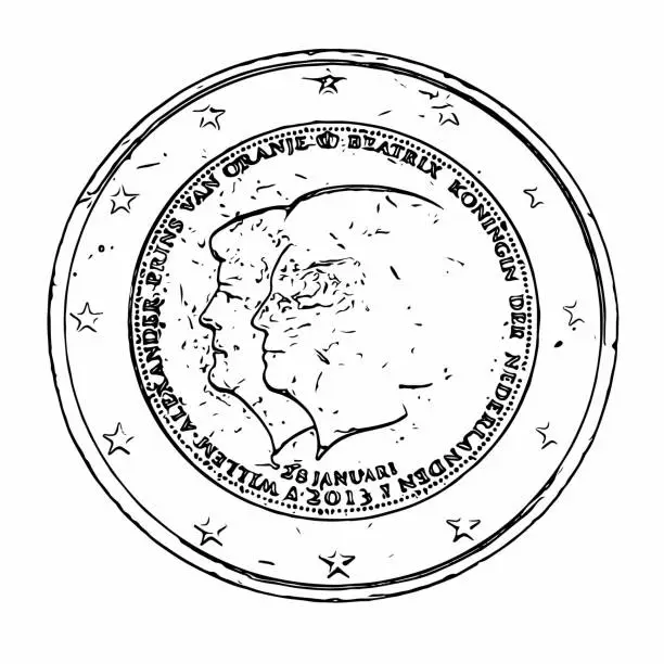 Vector illustration of Vector grunge texture coin of two euro denomination. The reverse of the coin