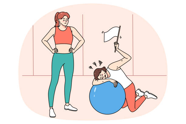 illustrations, cliparts, dessins animés et icônes de femme épuisée allongée sur le ballon à l’entraînement au gymnase - femme transpiration sport