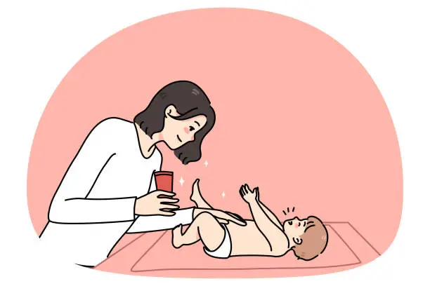 Vector illustration of Caring mom moisturize newborn baby body
