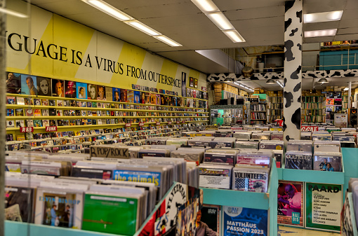 Delft, Netherlands - March 31, 2023: Interiors of a record store in Delft in the Netherlands