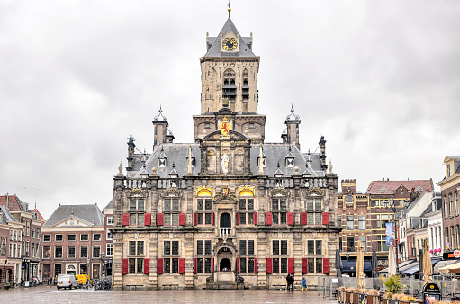 Delft, Netherlands - March 31, 2023: The iconic city hall building of Delft in the Netherlands