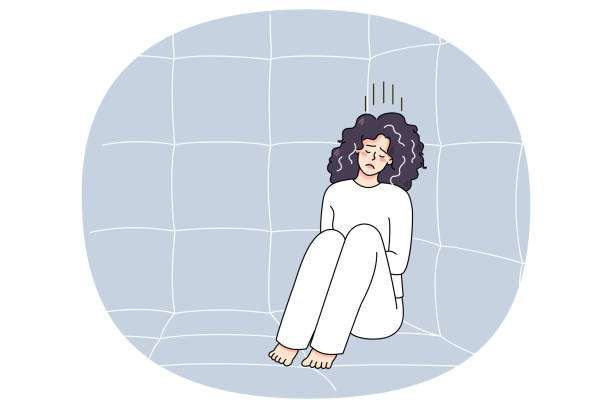 Sick woman in straitjacket sit in madhouse Unhappy sick woman in straitjacket sit on floor in psychiatric clinic suffer from mental disorder. Upset ill female patient or madhouse struggle with psychiatric issues. Vector illustration. haunted asylum stock illustrations