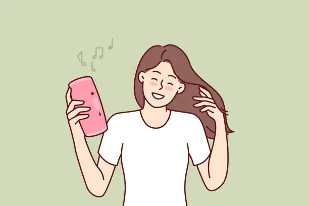 Vector illustration of Woman with wireless portable speaker smiling enjoying loud rhythmic music of favorite rock band
