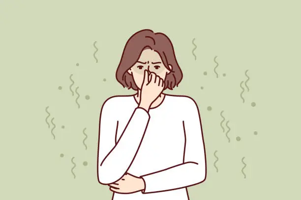 Vector illustration of Woman closes nose in disgust at smell and toxic aroma caused by violation of hygiene rules