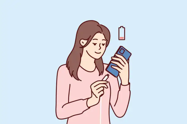 Vector illustration of Woman holding smartphone uses cable to charge battery after seeing red indicator of dead accumulator