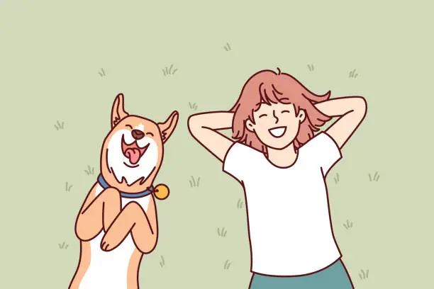 Vector illustration of Little girl and dog lie on grass in backyard of house and enjoy sunny summer day