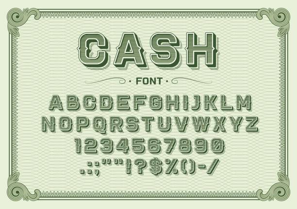 ilustrações de stock, clip art, desenhos animados e ícones de money font, vintage type or typeface banknote - certificate guilloche finance pattern