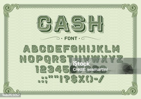 istock Money font, vintage type or typeface banknote 1486923057