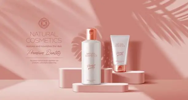 Vector illustration of Pink podium with palm leaves and cosmetics mockup