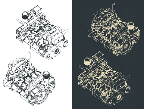 Stylized vector illustration of isometric blueprints of heavy duty marine diesel engine