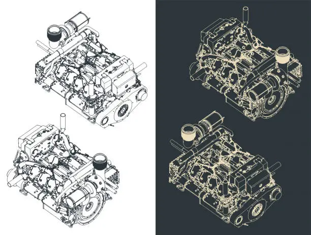 Vector illustration of Heavy duty marine diesel engine isometric blueprints