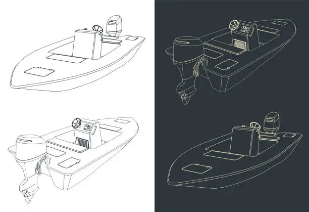 Vector illustration of Motorboat isometric blueprints