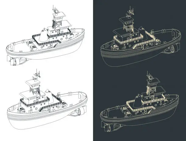 Vector illustration of Tug boat isometric blueprints