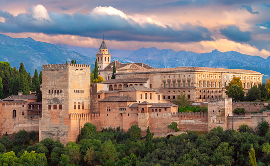 Fortifications in the ancient Alhambra palace complex at sunset. Granada. Alhambra. Andalusia.