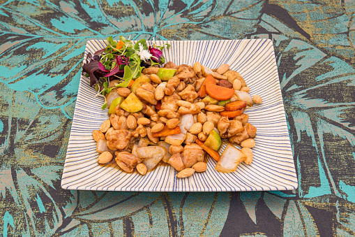 Plate of Chinese Chicken Stew with Almonds and Fresh Vegetables with Lettuce Sprout Salad