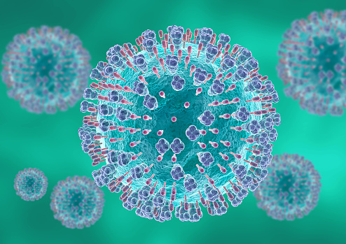 Microscopic respiratory syncytial virus. It causes infections of the respiratory tract and lungs in newborns and young children. 3D illustration