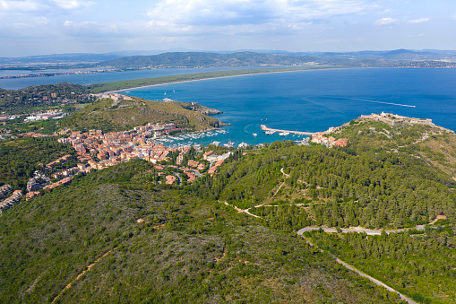 Aerial view of Porto Ercole in the Monte Argentario area on the tuscan coast