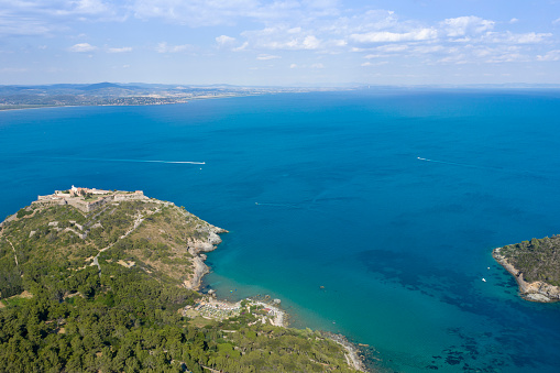 Panorama of the coastal valley and bay on the Black Sea coast of Crimea. Neighborhood ofthe Veseloye village. Sunny day in September.