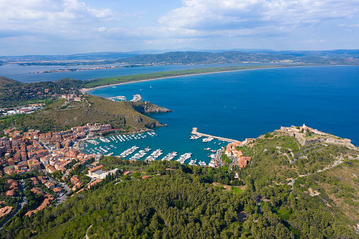 Aerial view of Porto Ercole in the Monte Argentario area on the tuscan coast