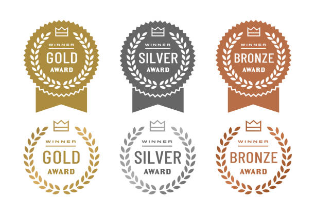 illustrazioni stock, clip art, cartoni animati e icone di tendenza di distintivi gold, silver e bronze award - medal award silver medal ribbon