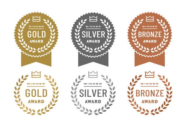 ilustrações de stock, clip art, desenhos animados e ícones de gold, silver, and bronze award badges - gold medal illustrations