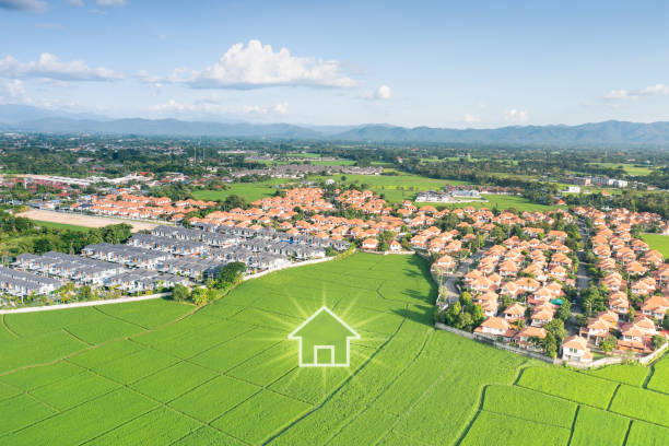 istock Green fields and dream house in aerial view. 1486941360