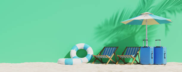istock Summer vacation concept background with swimming tubes and beach chairs. 3d rendering 1486941638