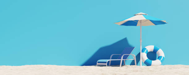 istock Summer vacation concept background with swimming tubes and beach chairs. 3d rendering 1486941642