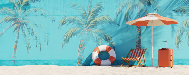 istock Summer vacation concept background with swimming tubes and beach chairs. 3d rendering 1486941645