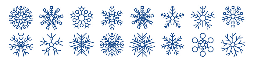 Snowflakes winter collection. Set of sixteen blue snowflakes in line style on white background. Christmas and New Year decoration elements. Vector illustration