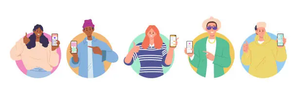 Vector illustration of Set of happy diverse people characters with different gestures showing mobile phone screens