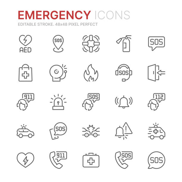 Collection of emergency related outline icons. 48x48 Pixel Perfect. Editable stroke Collection of emergency related outline icons. 48x48 Pixel Perfect. Editable stroke sos stock illustrations