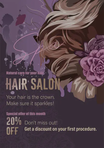 Vector illustration of Abstract flayer for a beauty salon with curly hair and flowers.