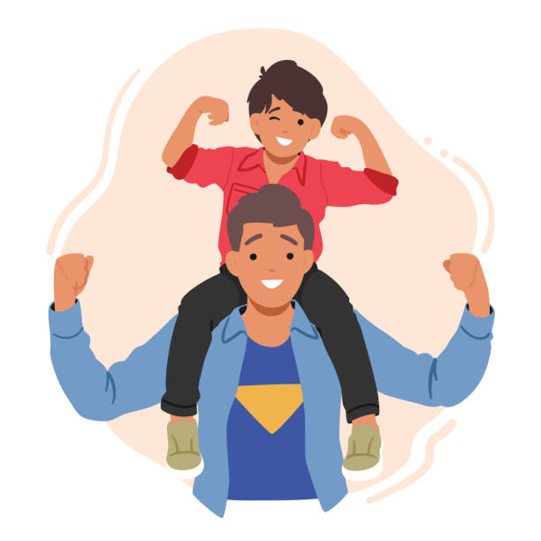 Little Son Perched On Dad's Shoulders Enjoying The View From Above. Father-son Bonding, Height Advantage Little Son Perched On Dad's Shoulders Enjoying The View From Above. Father-son Bonding, Height Advantage, And A Sense Of Adventure. Loving Family Characters Fun. Cartoon People Vector Illustration play day stock illustrations