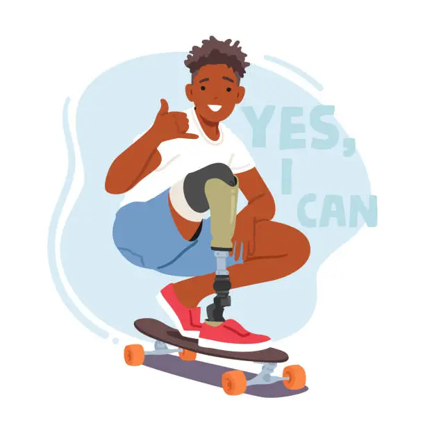 Vector illustration of Young Skateboarder Confidently Rides With Leg Prosthesis, Demonstrating His Perseverance And Athletic Abilities