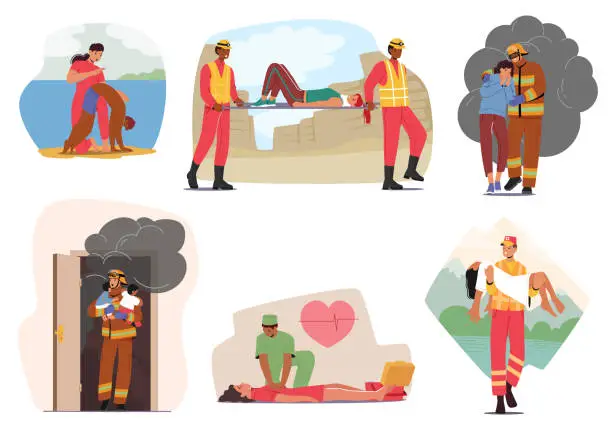 Vector illustration of Set Rescue Service Is An Emergency Response That Provides Aid And Assistance To People Who Are In Need Of Urgent Help